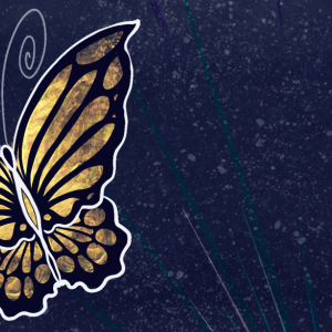 A graphic of a golden butterfly is on a dark blue background