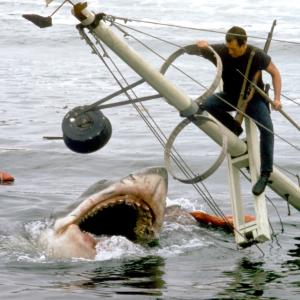 Chief Brody (Roy Scheider) battles a (mechanical) great white shark in the climatic moments of "Jaws," a movie that still strikes fear in summer revelers everywhere. 