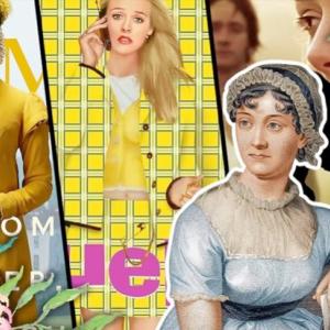 A collage of images from movies adapted from Jane Austen novels. A portrait of Jane Austen on top in the lower righthand corner.
