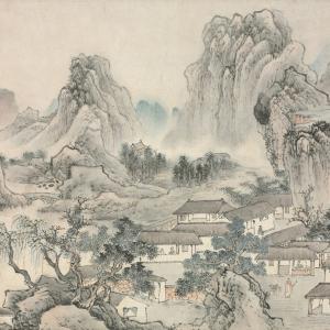 Watercolor painting of a Chinese village from 18th century