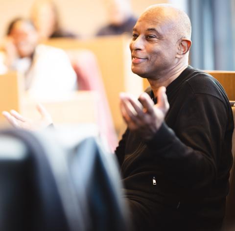 Caryl Phillips speaks about his latest book in a seminar space