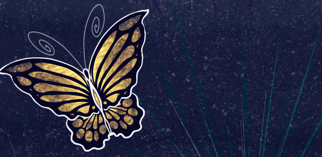 A graphic of a golden butterfly is on a dark blue background