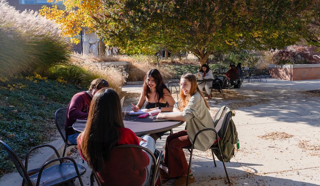 Students sit at a table outside Maginnes Hall chatting