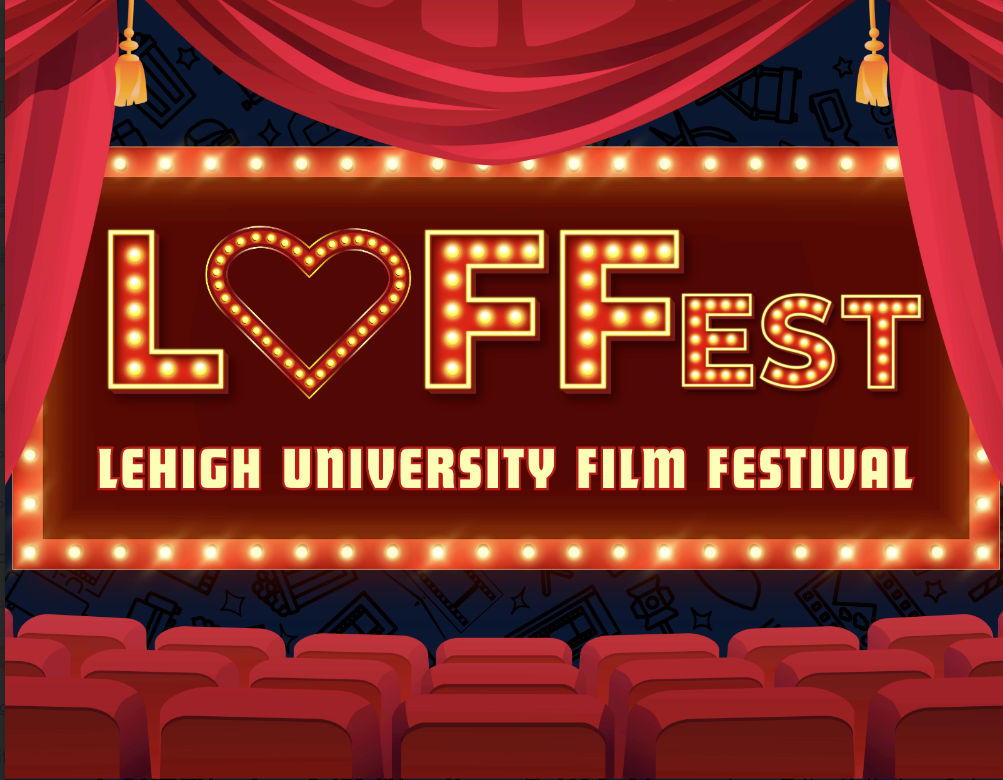 A red curtain in a movie theatre graphic display text that ready LUFFest Lehigh University Film Festival