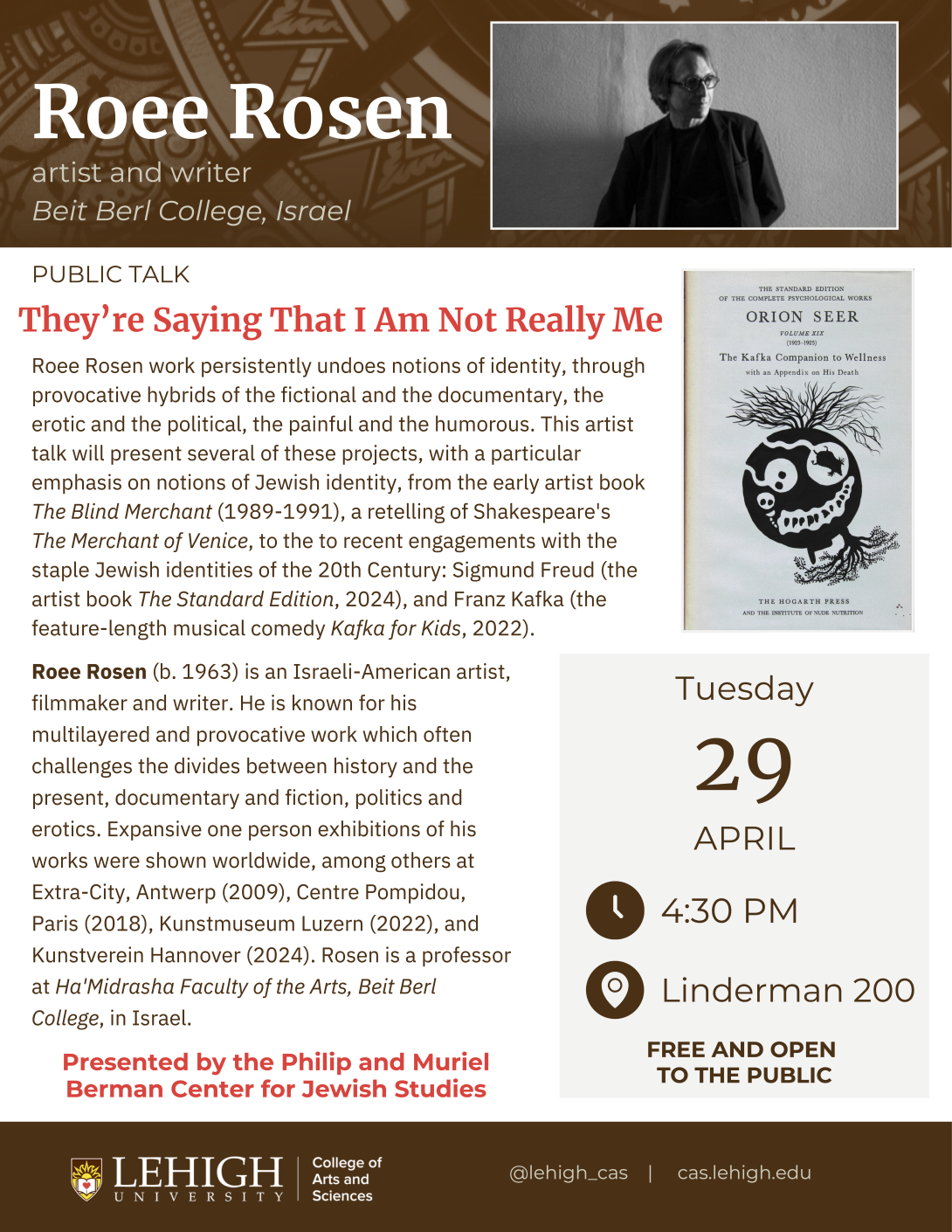 Roee Rosen Public Talk Flyer all text on webpage. Flyer include an image of Roee Rosen in black and white at the top.