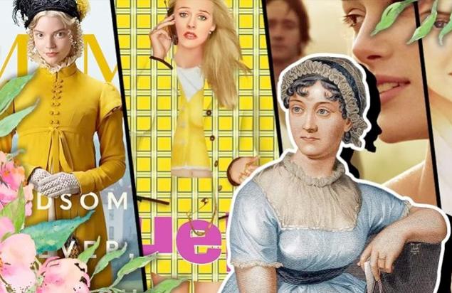 A collage of images from movies adapted from Jane Austen novels. A portrait of Jane Austen on top in the lower righthand corner.