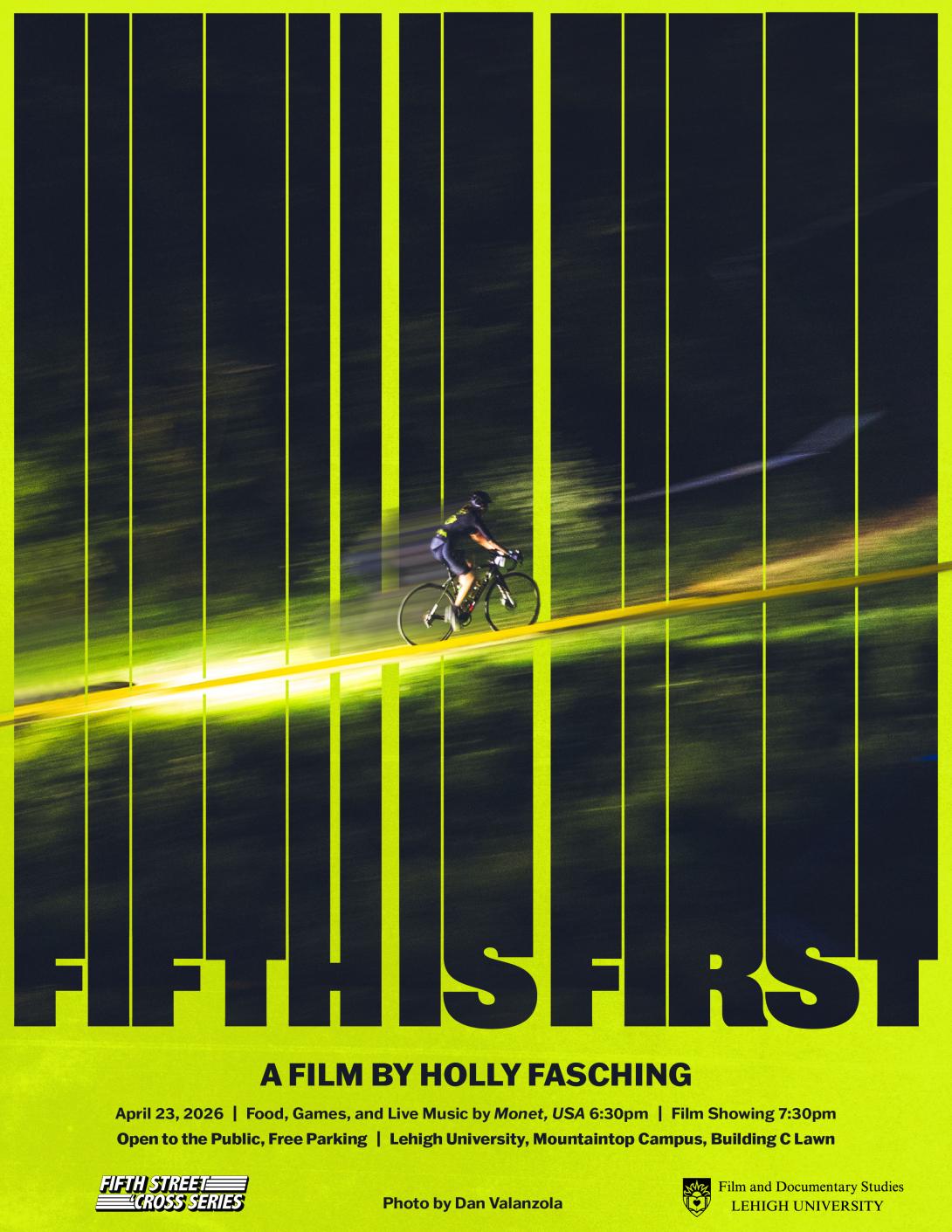 Fifth is First Film Screening Poster with a lime green background and a person biking up a mountain.