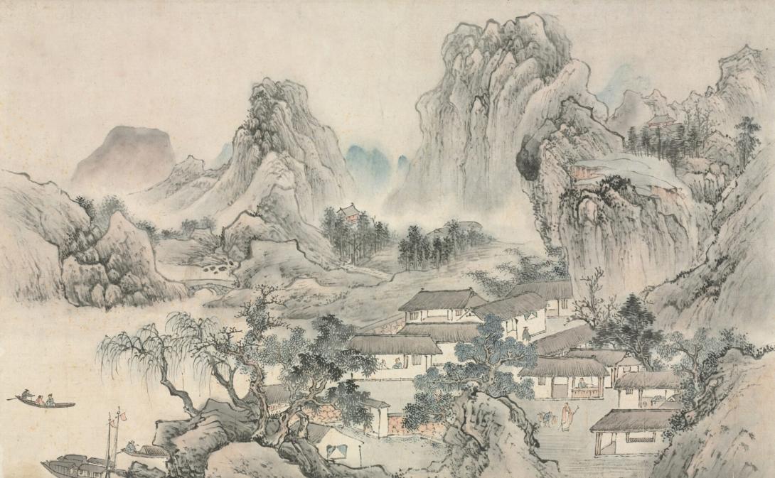 Watercolor painting of a Chinese village from 18th century